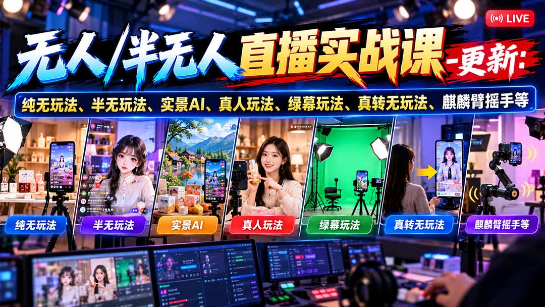 无人/半无人直播实战课-10月20更新:纯无玩法、半无玩法、实景AI、真人玩法、绿幕玩法、真转无玩法、麒麟臂摇手等-橙心云网创