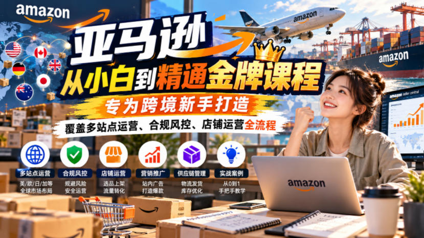 亚马逊从小白到精通金牌课程，专为跨境新手打造，覆盖多站点运营、合规风控、店铺运营全流程-橙心云网创