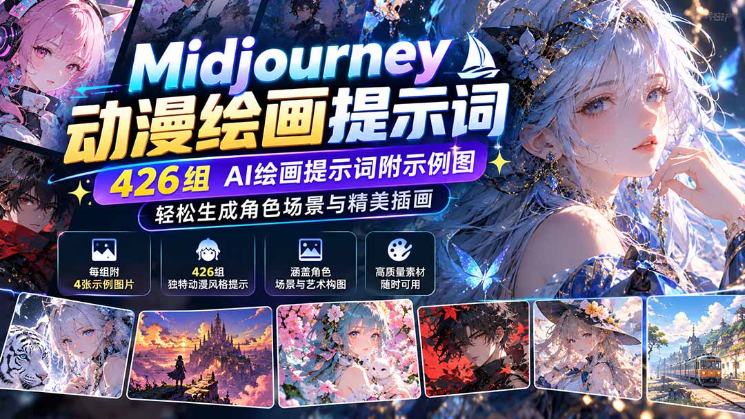 Midjourney动漫绘画提示词:426组AI绘画提示词附示例图,轻松生成角色场景与精美插画-橙心云网创