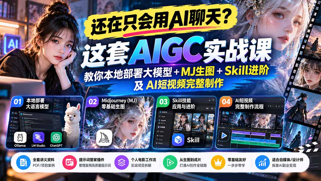【无水印】还在只会用AI聊天?这套AIGC实战课教你本地部署大模型+MJ生图+Skill进阶及AI短视频完整制作-橙心云网创