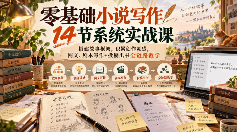 零基础小说写作14节系统实战课,搭建故事框架,积累创作灵感,网文、剧本写作+投稿出书全链路教学-橙心云网创