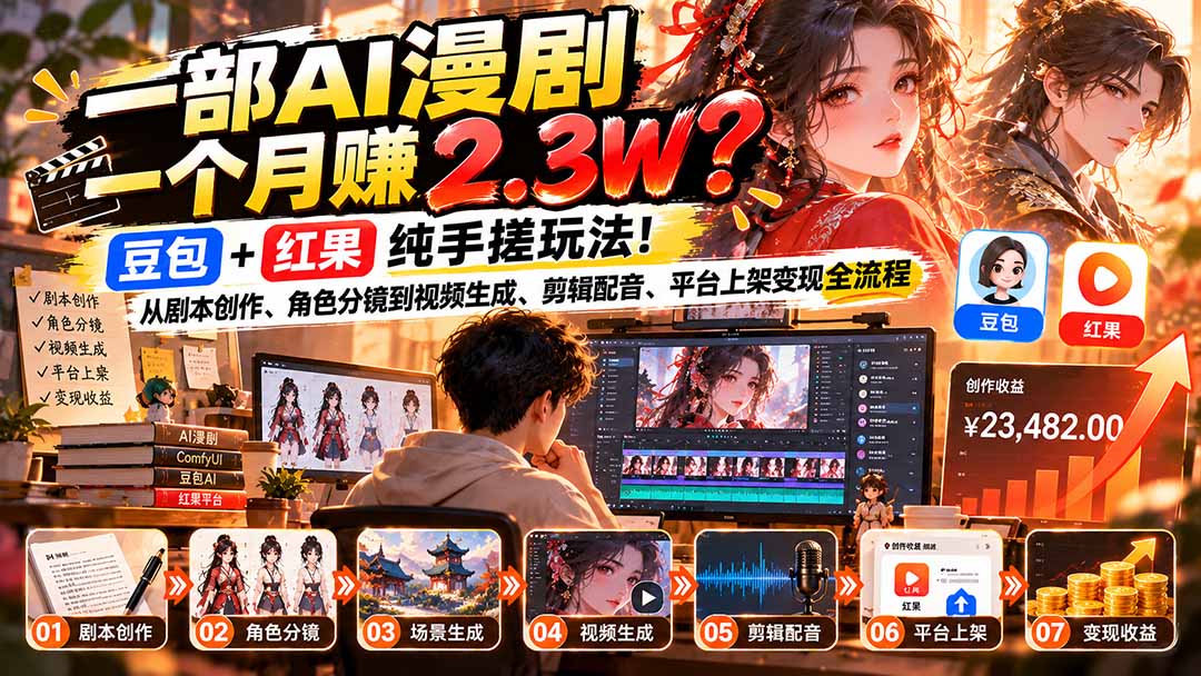一部AI漫剧一个月赚2.3W?豆包+红果纯手搓玩法!从剧本创作、角色分镜到视频生成、剪辑配音、平台上架变现全流程-橙心云网创