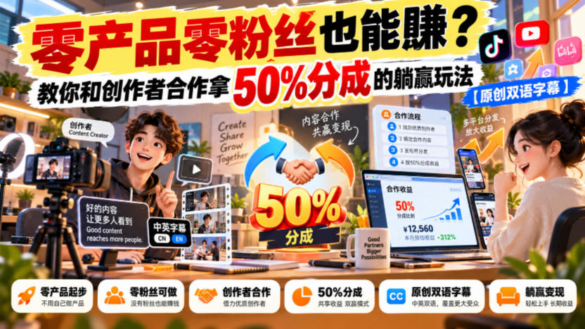 【无水印】零产品零粉丝也能賺？教你和创作者合作拿50%分成的躺赢玩法【原创双语字幕】-橙心云网创