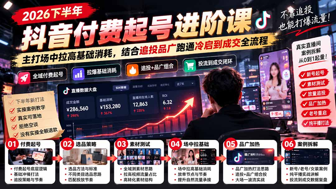 2026下半年抖音付费起号进阶课-更新1019：主打场中拉高基础消耗，结合追投品广跑通冷启到成交全流程-橙心云网创