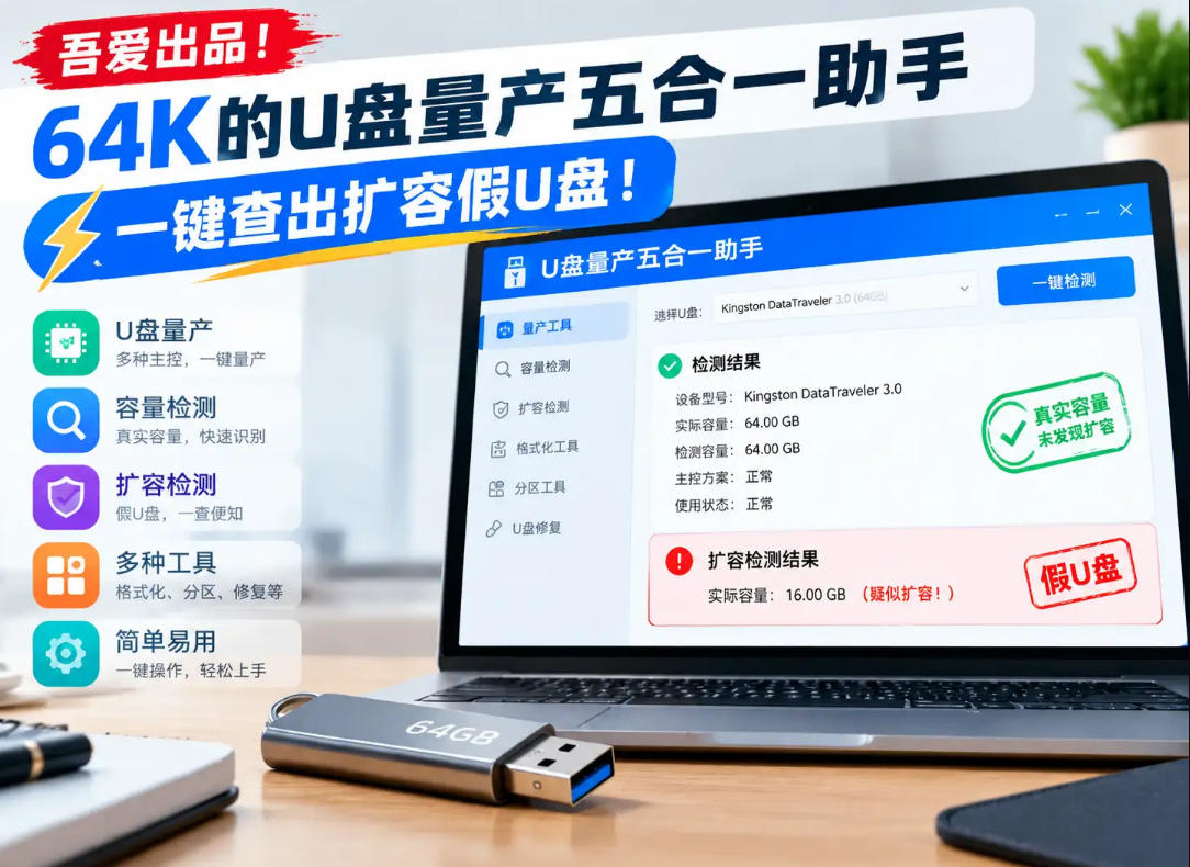 吾爱出品!64K的U盘量产五合一助手,一键查出扩容假U盘!-橙心云网创