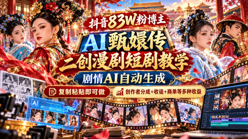 抖音83W粉博主AI甄嬛传二创漫剧短剧教学|剧情AI自动生成,复制粘贴即可做,各大平台创作者分成+收徒等多种收益-橙心云网创