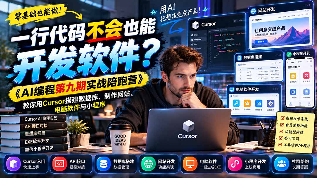 一行代码不会也能开发软件？《AI编程第九期实战陪跑营》教你用Cursor搭建数据库、制作网站、电脑软件与小程序-橙心云网创