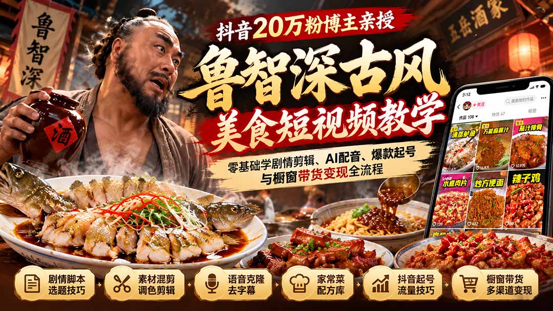 抖音20万粉博主亲授鲁智深古风美食玩法:零基础学剧情剪辑、AI配音、爆款起号与橱窗带货变现全流程-橙心云网创