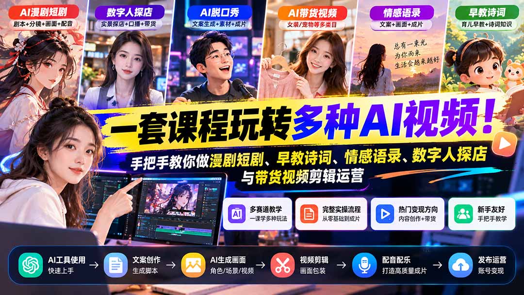 【无水印】一套课程玩转多种AI视频!手把手教你做漫剧短剧、早教诗词、情感语录、数字人探店与带货视频剪辑运营-橙心云网创