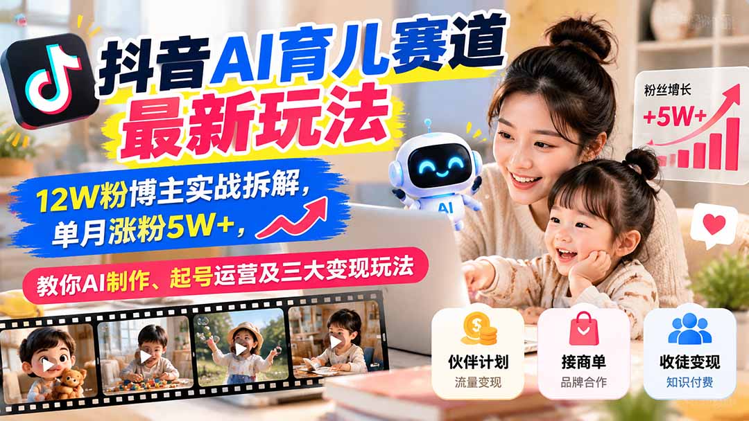 抖音AI育儿赛道最新玩法：12W粉博主实战拆解，单月涨粉5W+，教你AI制作、起号运营及三大变现玩法-橙心云网创