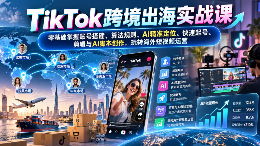 TikTok跨境出海实战课:零基础掌握账号搭建、算法规则、AI精准定位、快速起号、剪辑与AI脚本创作,玩转海外短视频运营-橙心云网创