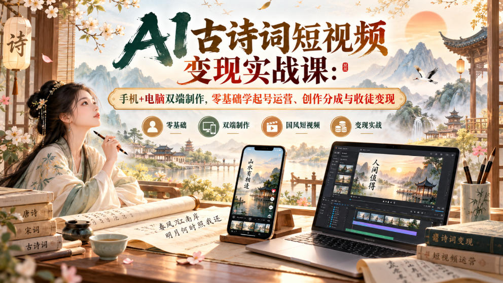 AI古诗词短视频变现实战课:手机+电脑双端制作,零基础学起号运营、创作分成与收徒变现-橙心云网创