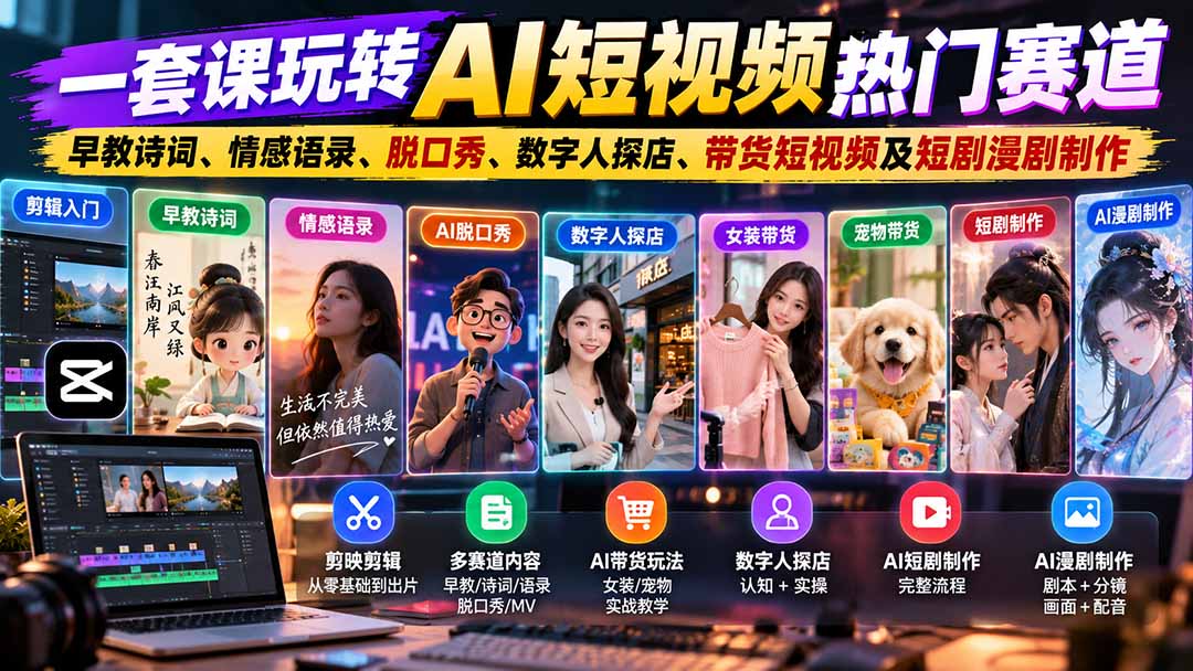 一套课玩转AI短视频热门赛道:早教诗词、情感语录、脱口秀、数字人探店、带货短视频及短剧漫剧制作 复制标题-橙心云网创