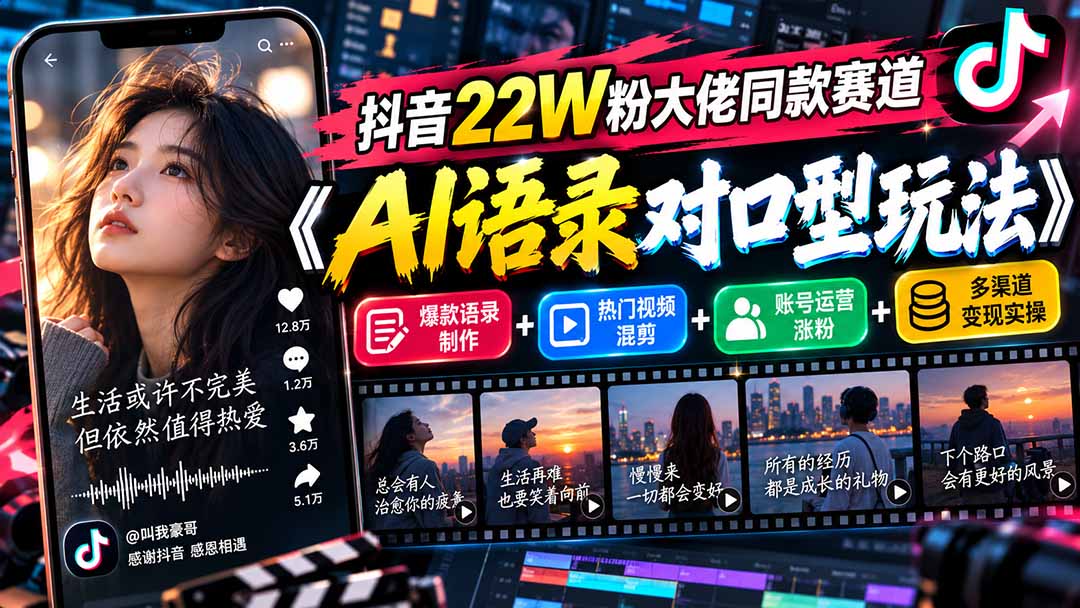 抖音22W粉大佬同款赛道《AI语录对口型玩法》:爆款语录制作+热门视频混剪+账号运营涨粉+多渠道变现实操-橙心云网创