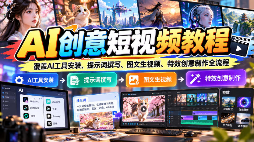 AI创意短视频教程,覆盖AI工具安装、提示词撰写、图文生视频、特效创意制作全流程-橙心云网创