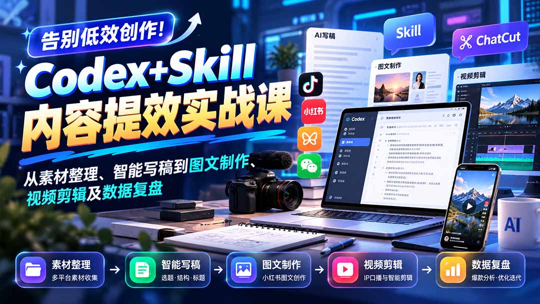 【无水印】告别低效创作!Codex+Skill内容提效实战课:从素材整理、智能写稿到图文制作、视频剪辑及数据复盘-橙心云网创