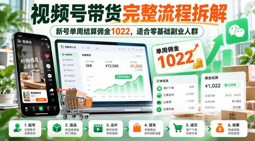 视频号带货完整流程拆解,新号单周结算佣金1022,适合零基础副业人群-橙心云网创