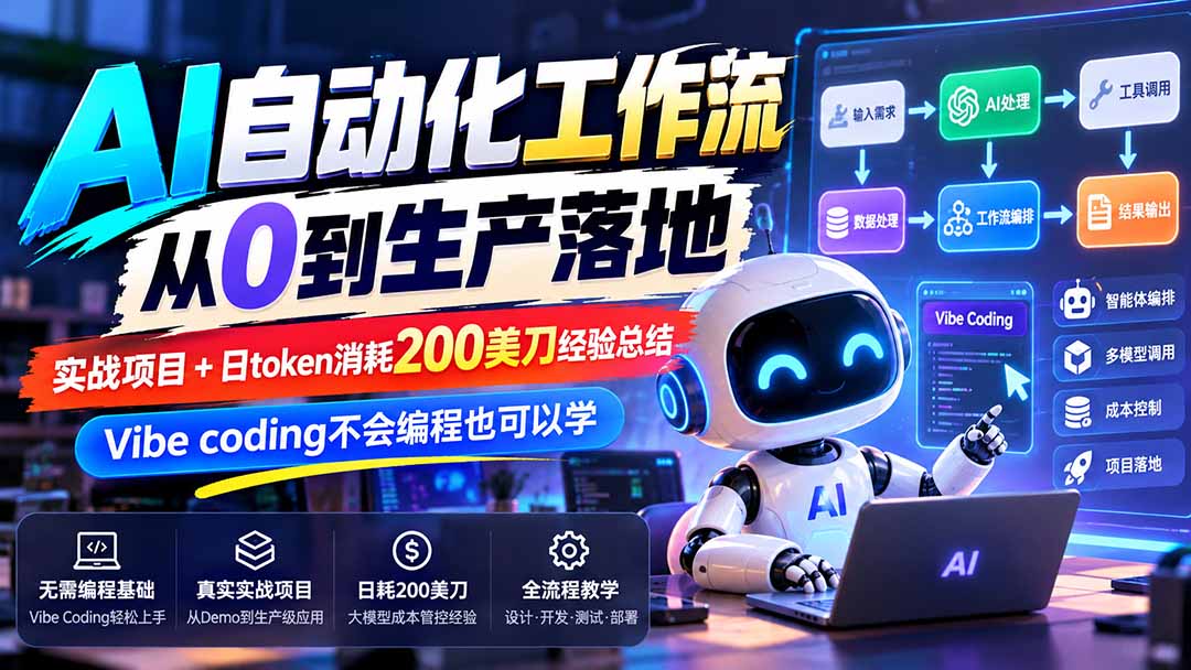 【无水印】AI自动化工作流从0到生产落地,实战项目+日token消耗200美刀经验总结,Vibe coding不会编程也可以学-橙心云网创
