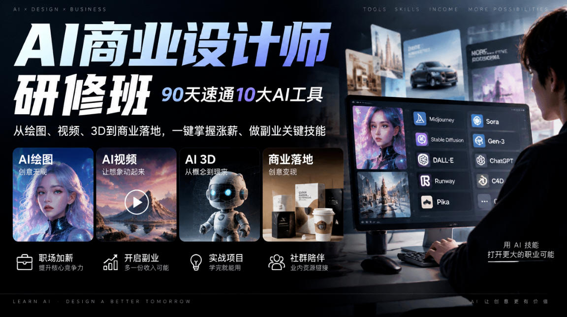 AI商业设计师研修班,90天速通10大AI工具,从绘图、视频、3D到商业落地,一键掌握涨薪、做副业关键技能-橙心云网创