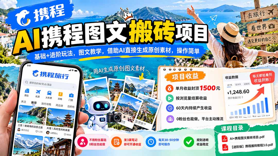 AI携程图文搬砖项目,基础+进阶玩法,图文教学,借助AI直接生成原创素材,操作简单-橙心云网创
