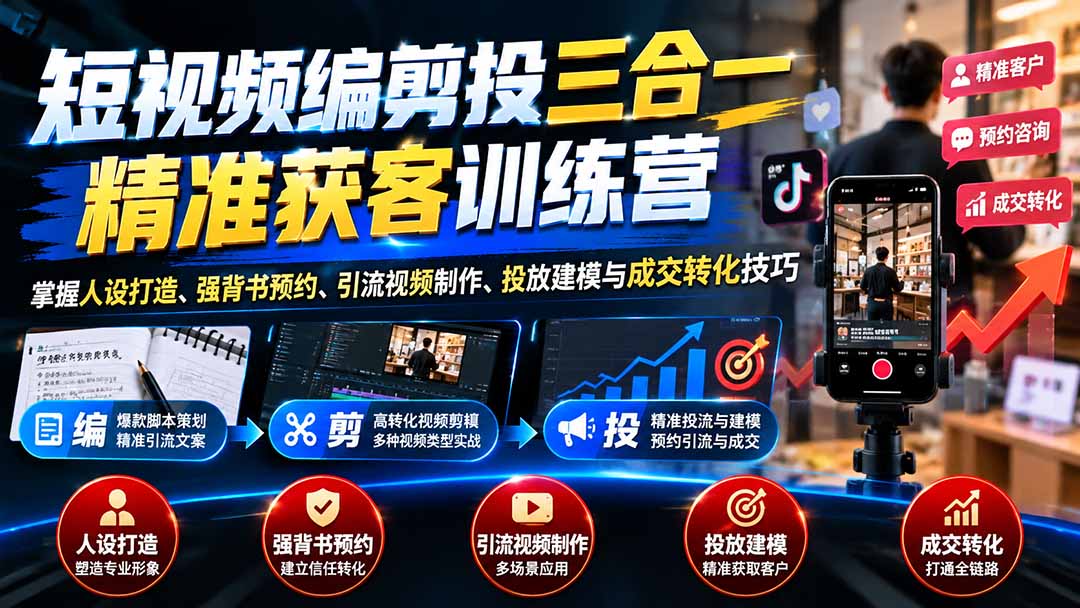 短视频编剪投三合一精准获客训练营:掌握人设打造、强背书预约、引流视频制作、投放建模与成交转化技巧-橙心云网创