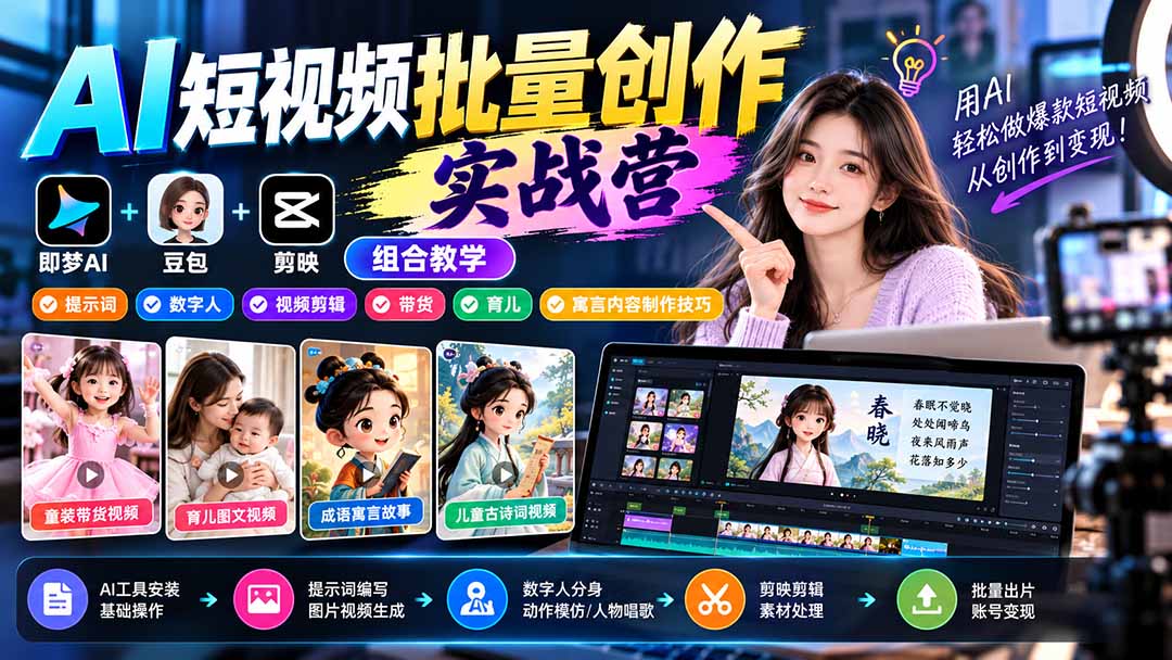 【无水印】AI短视频批量创作实战营:即梦+豆包+剪映组合教学,提示词/数字人/视频剪辑/带货/育儿/寓言内容制作技巧-橙心云网创