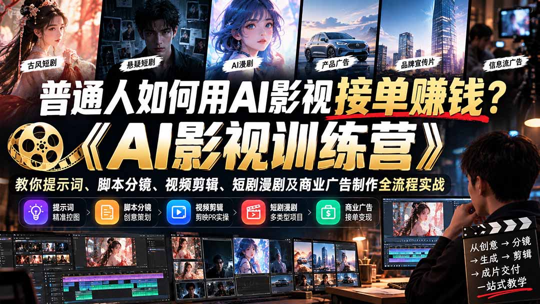 普通人如何用AI影视接单赚钱？《AI影视训练营》教你提示词、脚本分镜、视频剪辑、短剧漫剧及商业广告制作全流程实战-橙心云网创
