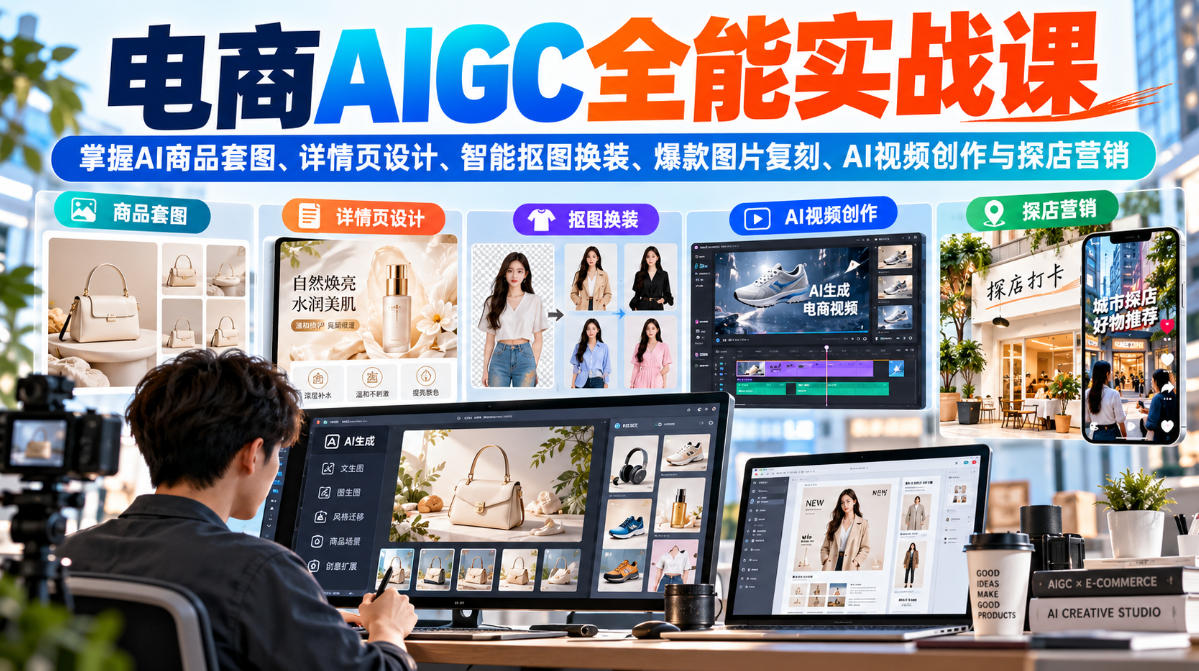 电商AIGC全能实战课:掌握AI商品套图、详情页设计、智能抠图换装、爆款图片复刻、AI视频创作与探店营销-橙心云网创
