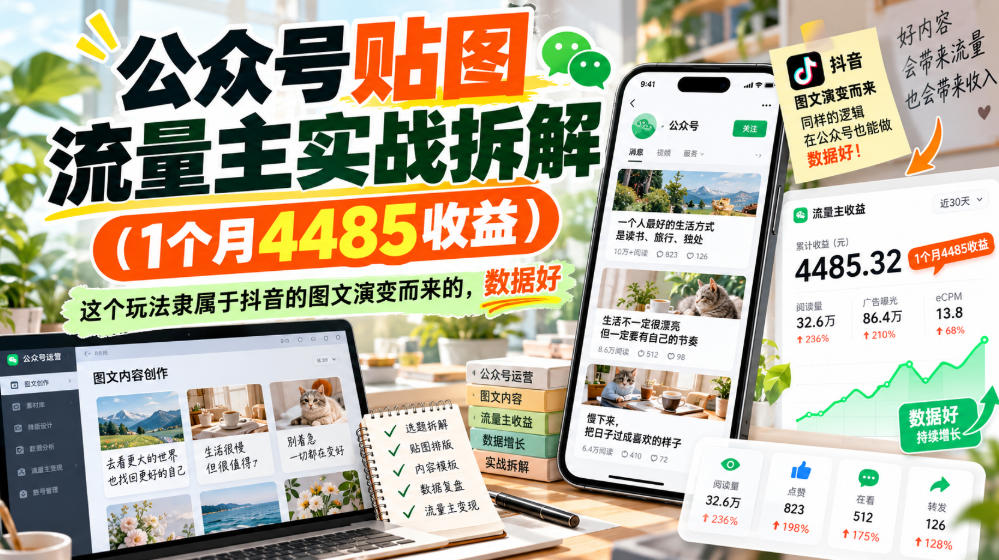 公众号贴图流量主实战拆解(1个月4485收益),这个玩法隶属于抖音的图文演变而来的,数据好-橙心云网创