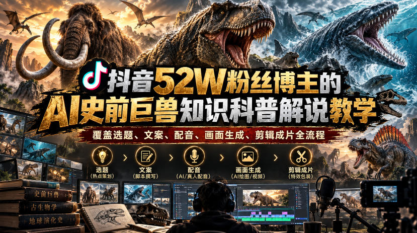 抖音52W粉丝博主的AI史前巨兽知识科普解说教学,覆盖选题、文案、配音、画面生成、剪辑成片全流程-橙心云网创
