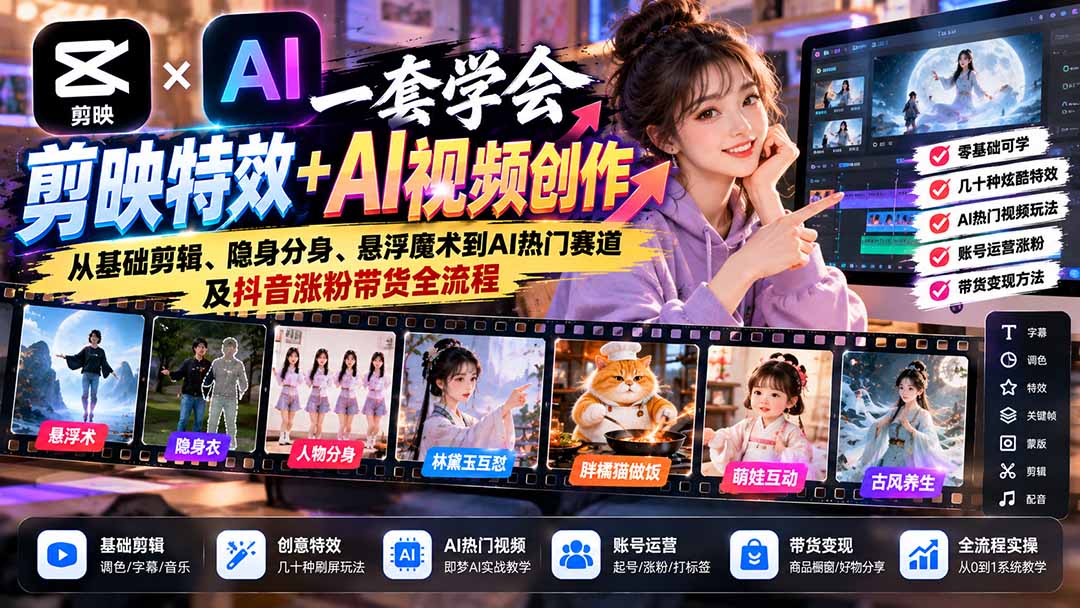 一套学会剪映特效+AI视频创作:从基础剪辑、隐身分身、悬浮魔术到AI热门赛道及抖音涨粉带货全流程-橙心云网创