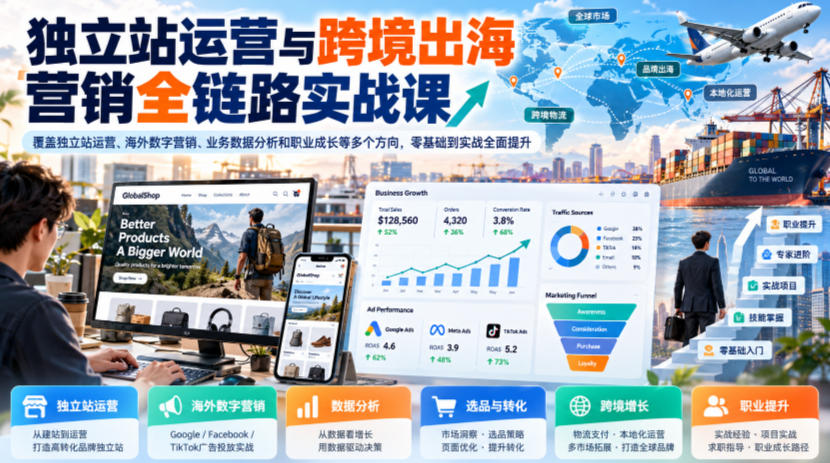 独立站运营与跨境出海营销全链路实战课,覆盖独立站运营、海外数字营销、业务数据分析和职业成长等多个方向,零基础到实战全面提升-橙心云网创