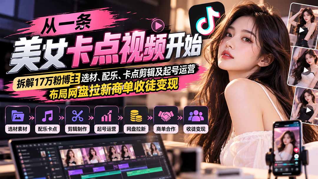 从一条美女卡点视频开始：拆解17万粉博主选材、配乐、卡点剪辑及起号运营，布局网盘拉新商单收徒变现-橙心云网创
