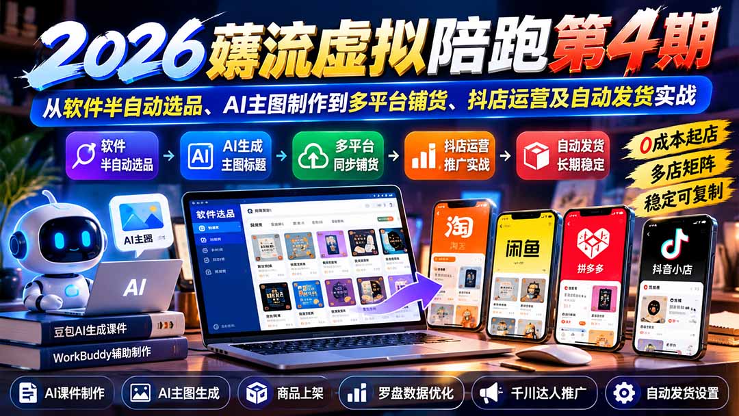 2026薅流虚拟陪跑第4期:从软件半自动选品、AI主图制作到多平台铺货、抖店运营及自动发货实战-橙心云网创