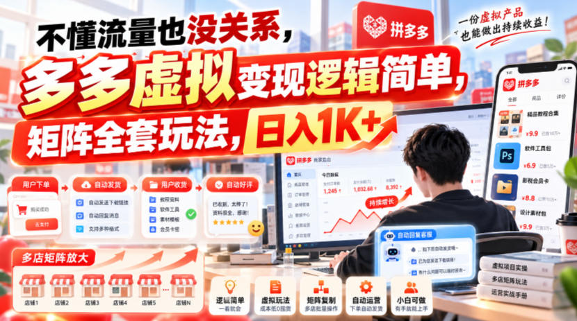 不懂流量也没关系，多多虚拟变现逻辑简单，矩阵全套玩法，日入1K+【揭秘】-橙心云网创