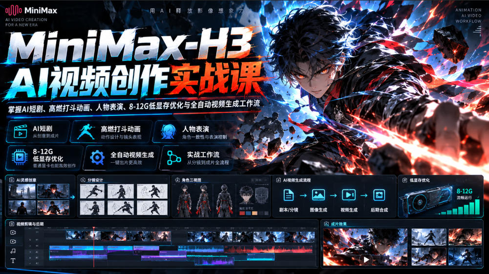 MiniMax-H3 AI视频创作实战课,掌握AI短剧、高燃打斗动画、人物表演、8-12G低显存优化与全自动视频生成工作流-橙心云网创