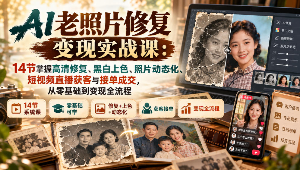 AI老照片修复变现实战课:14节掌握高清修复、黑白上色、照片动态化、短视频直播获客与接单成交,从零基础到变现全流程-橙心云网创