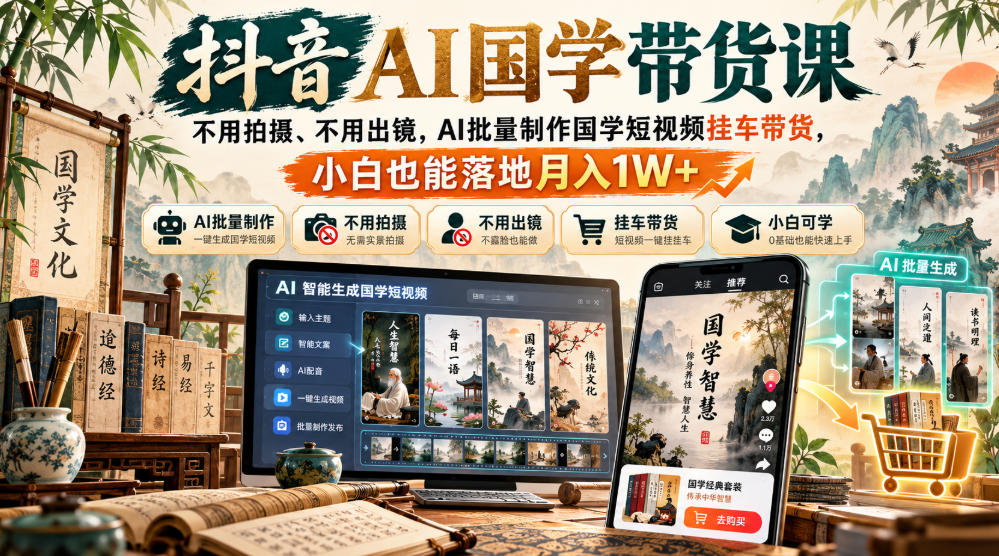 抖音AI国学带货课,不用拍摄、不用出镜,AI批量制作国学短视频挂车带货,小白也能落地月入1W+-橙心云网创