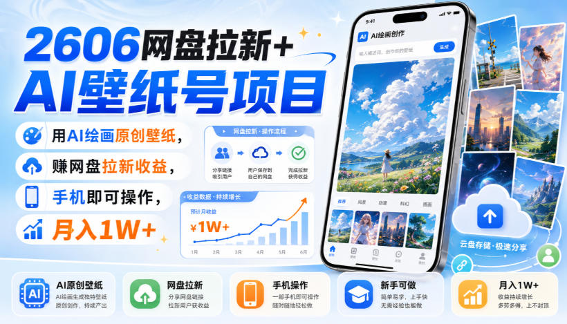 2606网盘拉新+AI壁纸号项目,用AI绘画原创壁纸,賺网盘拉新收益,手机即可操作,月入1W+-橙心云网创