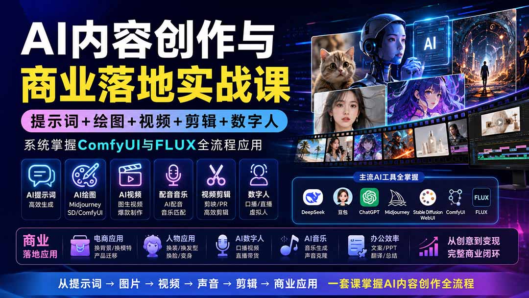 AI内容创作与商业落地实战课:提示词+绘图+视频+剪辑+数字人,系统掌握ComfyUI与FLUX全流程应用-橙心云网创