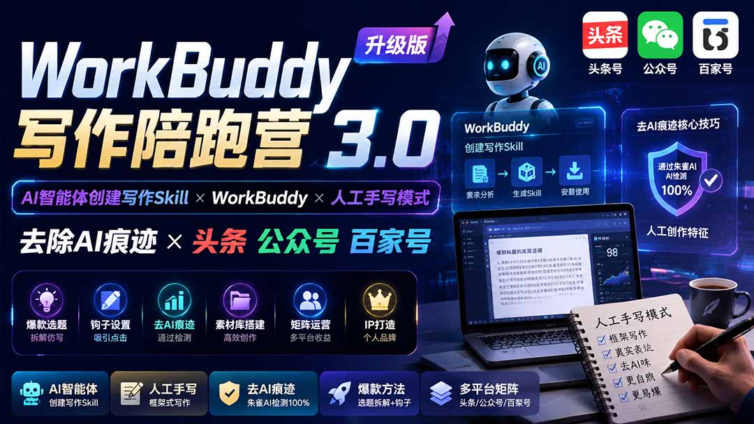 WorkBuddy写作陪跑营3.0-更新:Ai智能体创建写作Skill×WorkBuddy×人工手写模式×去除AI痕迹×头条公众号百家号-橙心云网创