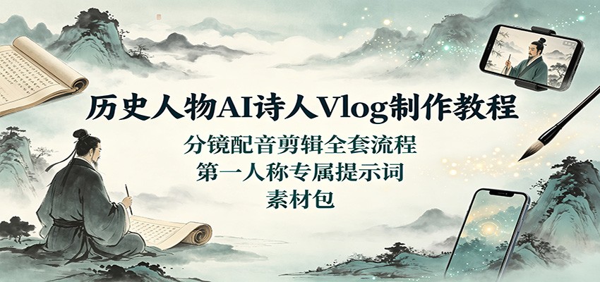 历史人物AI诗人Vlog制作教程：分镜配音剪辑全套流程，第一人称专属提示词素材包-橙心云网创