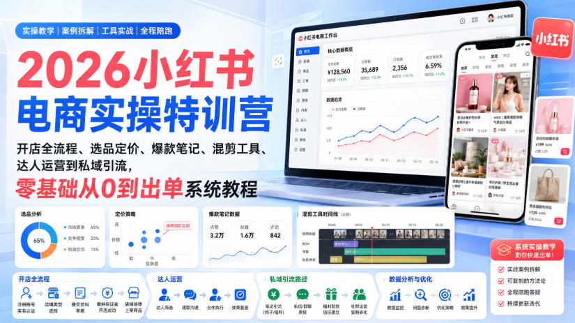 2026小红书电商实操特训营|开店全流程、选品定价、爆款笔记、混剪工具、达人运营到私域引流,零基础从0到出单系统教程-橙心云网创