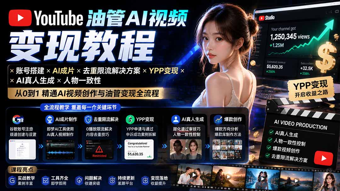 YouTube油管AI视频变现教程-更新：账号搭建×AI成片×去重限流解决方案×YPP变现×AI真人生成×人物一致性-橙心云网创