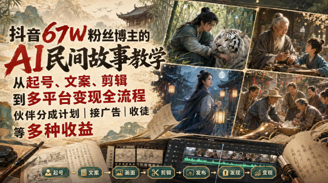 抖音67W粉丝博主的AI民间故事教学,从起号、文案、剪辑到多平台变现全流程,伙伴分成计划接广告等多种收益,月入1W+-橙心云网创