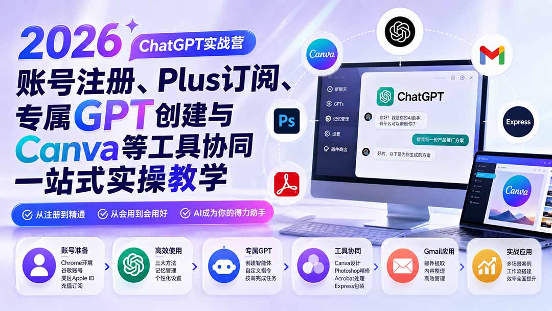 2026 ChatGPT实战营;账号注册、Plus订阅、专属GPT创建与Canva等工具协同一站式实操教学-橙心云网创