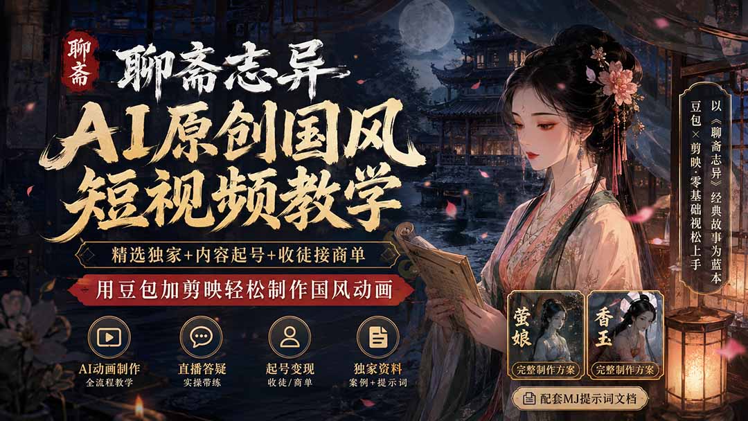 聊斋志异AI原创国风短视频教学-更新;精选独家+内容起号+收徒接商单,用豆包加剪映轻松制作国风动画-橙心云网创
