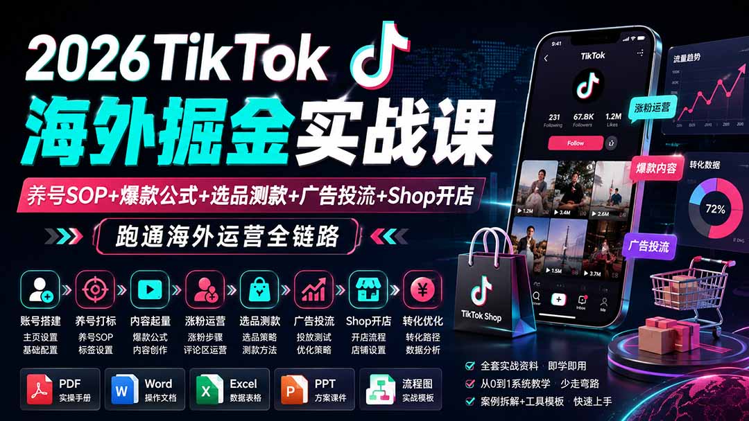 2026TikTok海外掘金实战课——养号SOP+爆款公式+选品测款+广告投流+Shop开店,跑通海外运营全链路-橙心云网创
