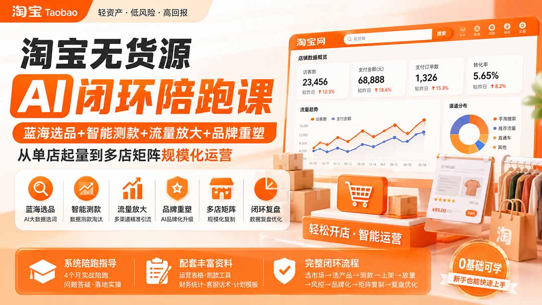 淘宝无货源AI闭环陪跑课:蓝海选品+智能测款+流量放大+品牌重塑,从单店起量到多店矩阵规模化运营-橙心云网创