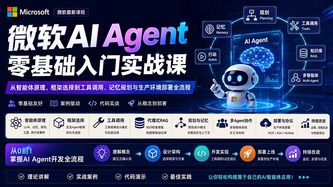 微软AI Agent零基础入门实战课：从智能体原理、框架选择到工具调用、记忆规划与生产环境部署全流程-橙心云网创